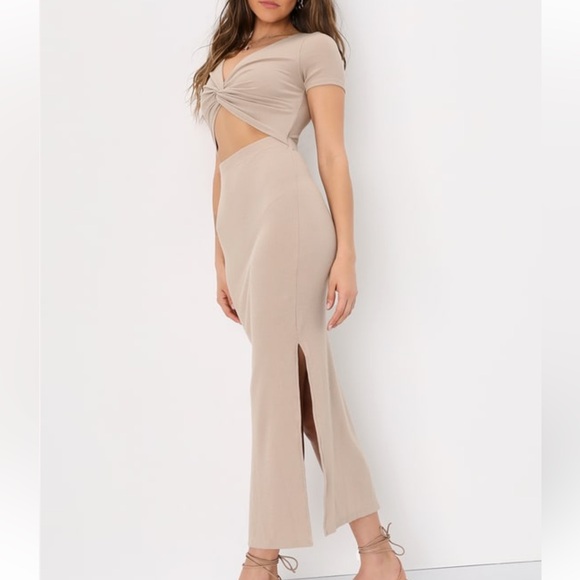 Lulus Dresses & Skirts - Stunning Lulu’s Style Twist Beige Twist Front Cutout Midi Dress NWT